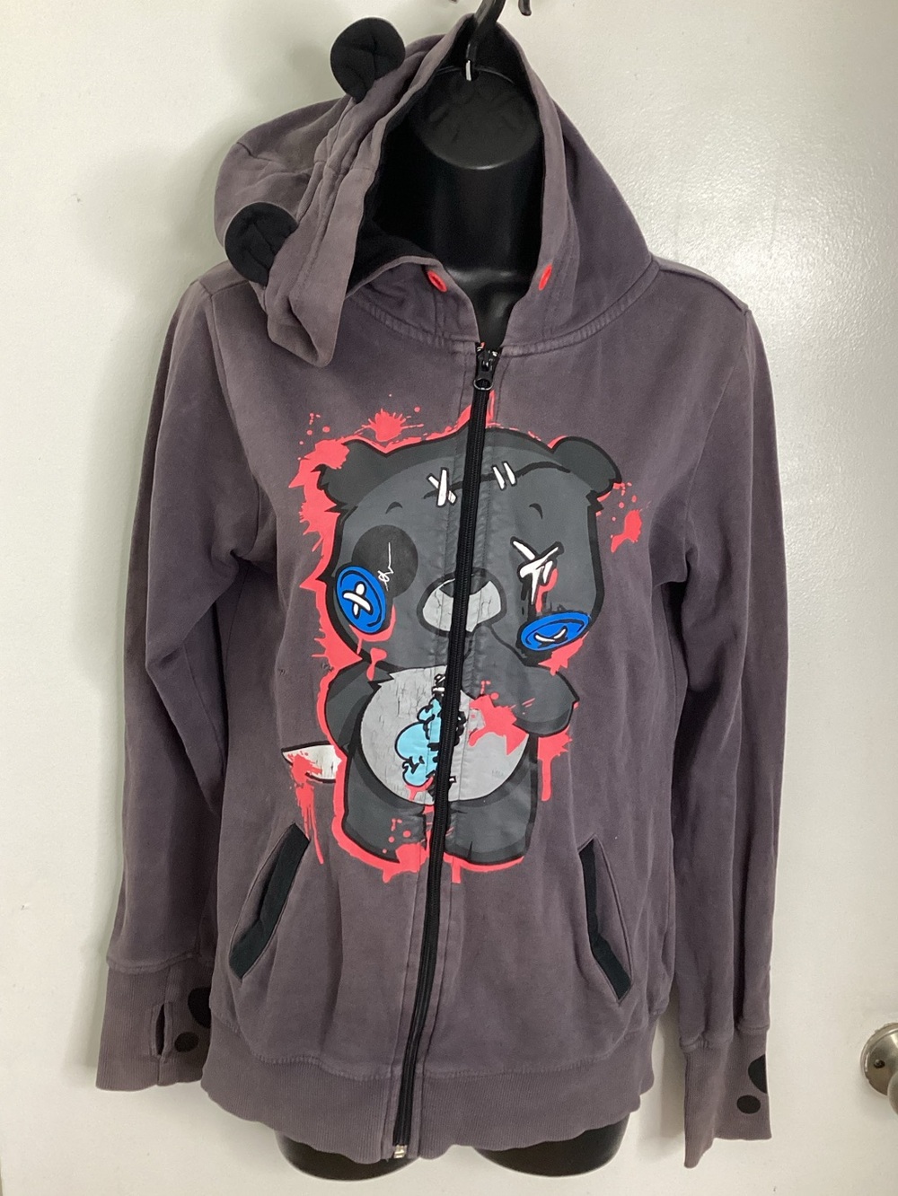 Vintage Y2K Distressed Emo Scene Goth Bear Graphic Zip 100% Cotton Hoodie M